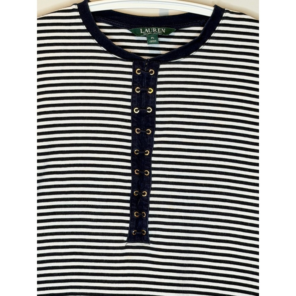 Lauren Ralph Lauren Navy White Striped Grommet Lace Up Top 3/4 Sleeve Petite L - Picture 7 of 8